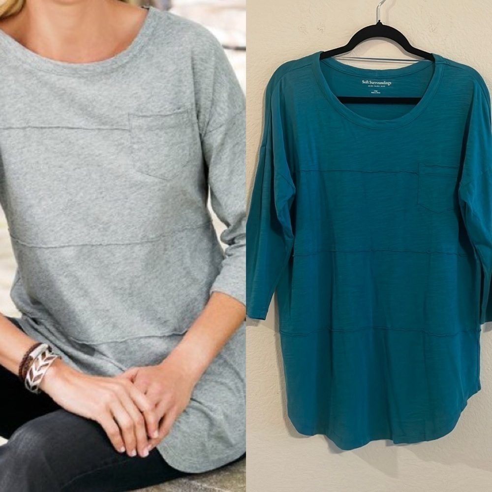 Soft Surroundings Women’s Tatum Tunic Top Teal Cotton Knit Tiered Cottagecore